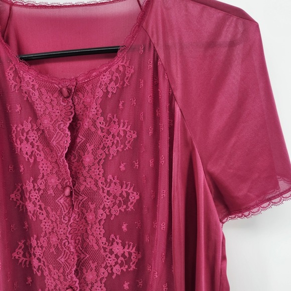 VTG Women's Burgundy Lace Trim Short Sleeve Button Down Pajama‎ Set Classy Sexy - Picture 3 of 8